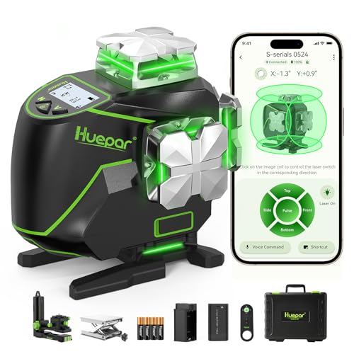Huepar Professional Laser Level Self Leveling S04CG, ±1/9" Accuracy at 33 Ft, 4D Construction Lazer Leveler Tool with LCD Screen, Bluetooth Remote Control, 4x360° Green Cross Line, Outdoor Pulse Mode