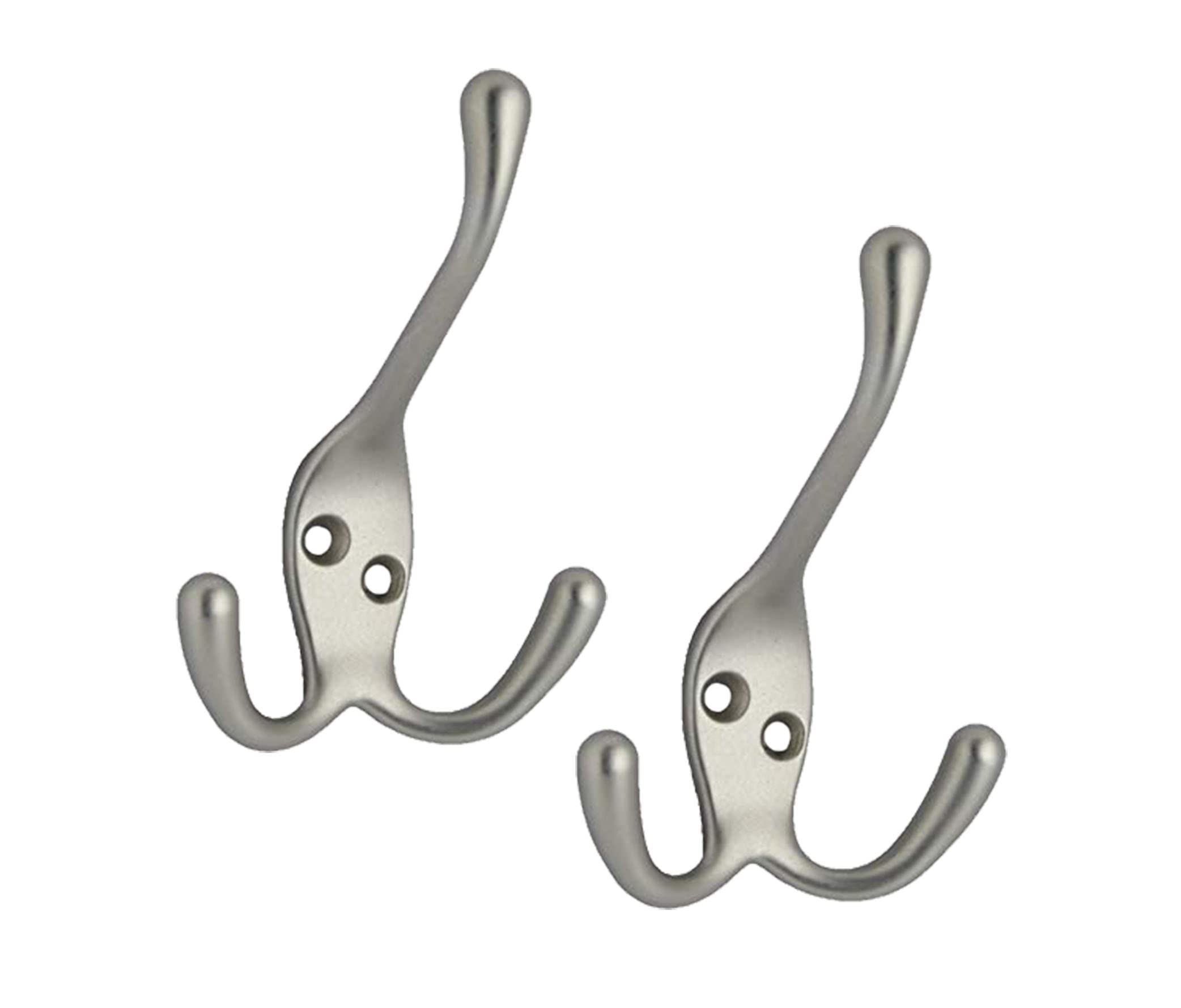 QCAA Premium Quality Coat Hat Hook with Three Prong, 4", Zinc Die Cast, Satin Nickel, 2 Pack, Made in Taiwan