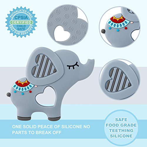 Slotic Baby Teething Toys, Elephant Teether Pain Relief Toy with Pacifier Clip Holder Set for Newborn Babies, Freezer Safe Neutral Shower Gift, Soft & Textured Stocking Stuffers for Boy and Girl Grey