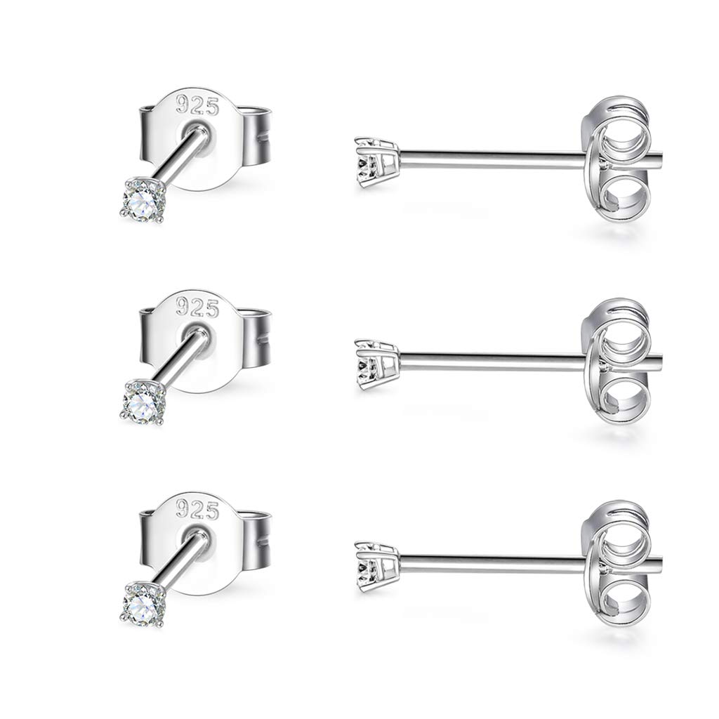 CERSLIMO 3 Pairs Sterling Silver Stud Earrings for Women Men Girls 2mm Tiny Round CZ Cubic Zirconia Stud Earrings Set Cartilage Small Tragus Earrings for Sensitive Ears