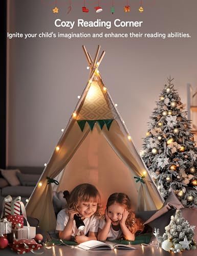 besrey Kids Play Tent Indian Canvas Teepee Cotton with Padded Mat and Fairy Lights (Green and White)