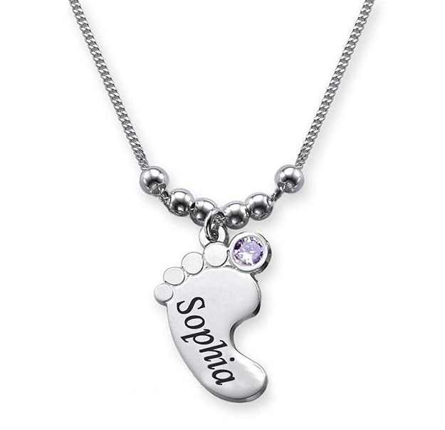 Babyfuß Anhänger mit Gravur des Namen/Mit Geburtsmonat Swarovski Kristall (Geburtsstein)/Halskette (40cm) kompl. echt Silber 