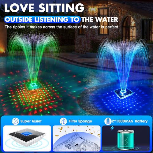 LanBlu Fuente Solar con Espectáculo de Luces, 24 * 24CM Fuente Flotante para Piscina con Ancla, 7 Modo de Iluminación Fuente Solar Jardin Exterior, Flotante Fuente Solar para Estanque Piscina Jardin