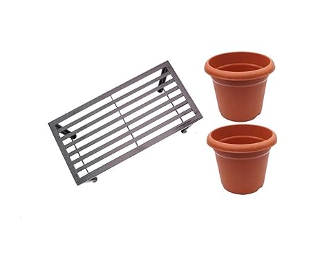 IRON WORLD (2 FEET) Black Iron Indoor Outdoor Flower Pot Plant Stand for Home Garden Balcony Living Room Decor with Big Pots (Set of 1 Stands with 2 pots)