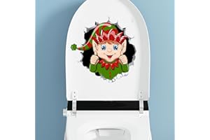 DREOTHY Christmas Santa Claus Toilet Cover Sticker, Removable Christmas Elf Reindeer Crack Toilet Lid Sticker, Xmas Wc Bathroom Wall Door Stickers (Hat Elf)