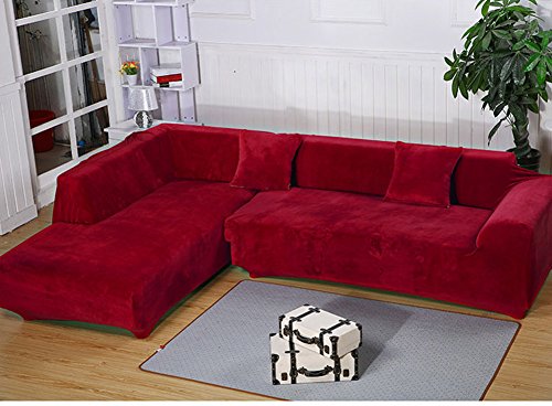 getmorebeauty L Shape Sectional Thick Plush Velvet Couch Stretch Sofa Cover (Red, L Shape 3+3 Seats) - Thumbnail 4
