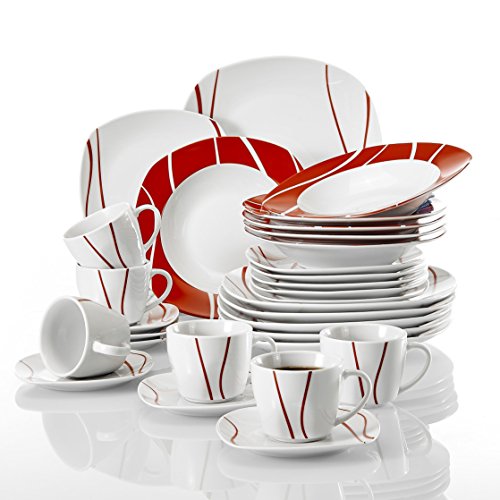 Buy MALACASA Dinner Sets,30Piece Red Stripes Ivory White Porcelain