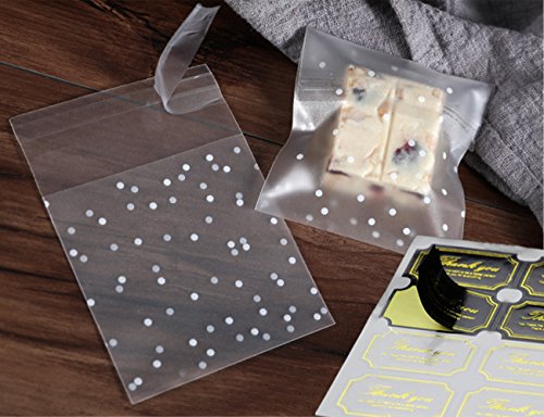 Felice Arts White Dots Self Adhesive Plastic Cookie Bags For Gift Giving 4x4 Inch 100 Bags+100 Thank You Labels