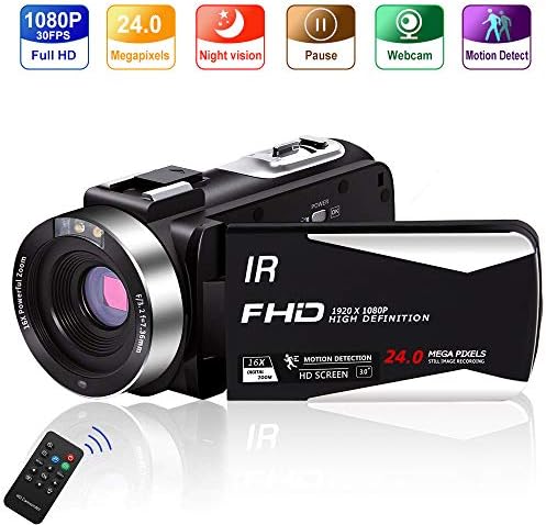 Video Camera Vlogging Camera Camcorder Full HD 1080P 30FPS IR Night Vision YouTube Camera 24.0 MP Supports Time Lapse & Motion Detection Vlog Camera with 3" LCD Screen Remote Control