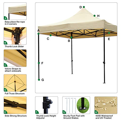 kdgarden 10 ft. x 10 ft. Outdoor Easy Pop Up Canopy with 420D Waterproof and UV-Treated Top, Portable Party Shelter Tent with Carrying Bag, Khaki - Thumbnail 4