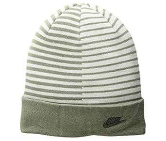 Nike Cozy Knit Beanie Swoosh Striped Ski Skully Cuffed Cold Weather Cap Winter Hat (Grey 