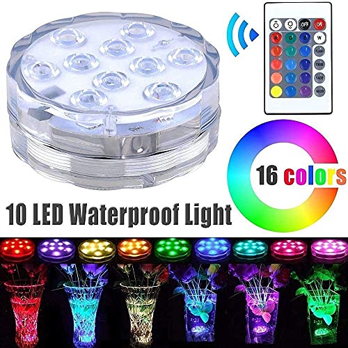 Gluckluz Submersible LED Lights Aquarium Swimming Pool Decorations Waterproof RGB Decor. Light with Remote Control for Fish Tank Home Underwater Vase Base Pond (10 LED, Battery Power,4 Packs)