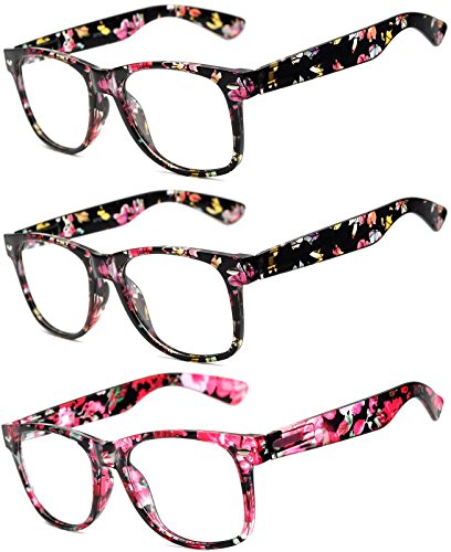 OWL - Non Prescription Glasses for Women and Men - Clear Lens - UV Protection (Floral_Black_3Pairs, Clear)