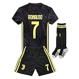 2018-2019 Away C Ronaldo #7 Juventus Kids Or Youth Soccer Jersey & Shorts & Socks Black 7-8Years/Size 22