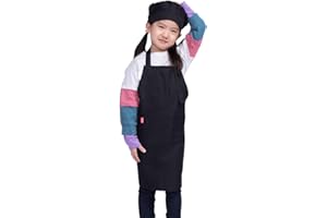 ALIPOBO Kids Apron and Chef Hat Set, Children's Adjustable Bib Apron with 2 Pockets. Cute Boys Girls Kitchen Apron for Cooking, Baking, Painting, Training Wear (2-5 Year, Black)