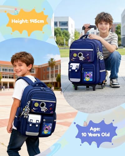 Amythe School Bag with Wheels for Boys 6-10 Years, Primary School Backpack with Removable Trolley, 6 Wheels, 20L School Bag with Reflective Strips for Children, Blue
