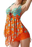 Aleumdr Womens Sweetheart Halter Backless Polka Dots Tankini Top Set Swimsuits Shortini Swimwear with Swim Shorts Plus XL Size Orange