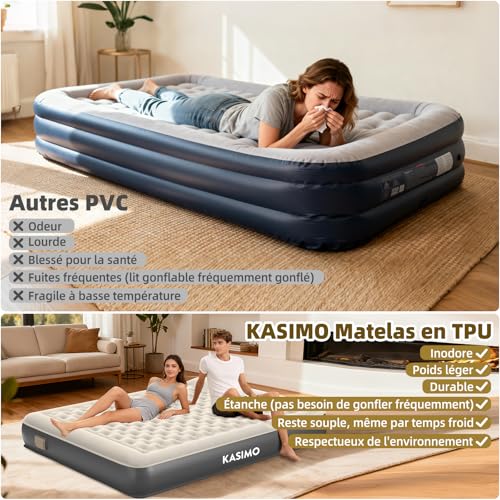 KASIMO 2 Person Inflatable Mattress, Built-in Wireless Electric Pump, TPU Material Inflatable Mattress, Quick Inflating 3 Min, Inflatable Bed 150 x 190 x 22 cm for Camping and Guests