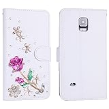 Wendy's Stores(TM) White Luxury 3D Fashion Handmade Bling Crystal Rhinestone PU Flip Wallet Leather Case Cover for Smart Mobile Phones (Samsung Galaxy note 4, Rose Flowers)