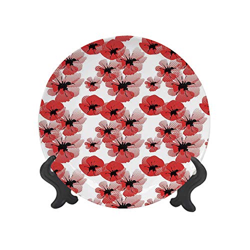 Ylljy00 Floral 6" Dinner Plate,Poppies Retro Halftone Effect Fertility and Eternal Life Symbols Vintage Decorative Ceramic Decorative Plates,Dining Table Tabletop Home Decor,Vermilion Black White