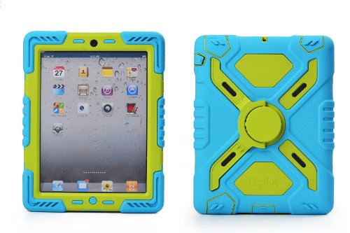 Pepkoo Ipad 2/3/4 Case Plastic Kid Proof Extreme Duty Dual Protective Back Cover with Kickstand and Sticker for Ipad 4/3/2 - Rainproof Sandproof Dust-proof Shockproof (Blue/green)