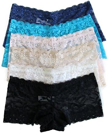 JUSOE 6 Pack Womens Hipster Boyshort Lace Trim Underwear Panties Sheer Plus Size, Black/Navy Blue/White/Beige/Turquoise/Pink, Small