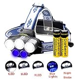 Garberiel 5000LM LED Tactical Headlamp 5 XM-L T6 Waterproof Flashlight Torch 5 Modes Headlight with Rechargeable Batteries and USB Cable for Hiking Camping Outdoor Riding Night Fishing (Blue Light)