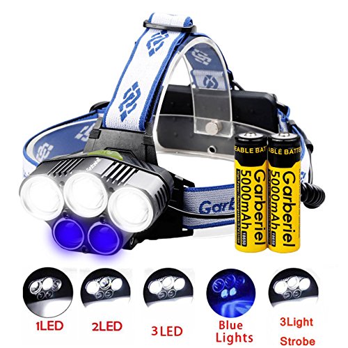 Garberiel 5000LM LED Tactical Headlamp 5 XM-L T6 Waterproof Flashlight Torch 5 Modes Headlight with Rechargeable Batteries and USB Cable for Hiking Camping Outdoor Riding Night Fishing (Blue Light)