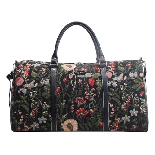 Signare Tapestry Large Duffel Bag Overnight Bags Weekend Bag for Women with Garden Design (Morning Garden Black)