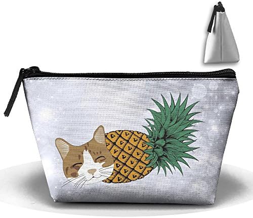 Sleeeping Pineapple Cat Trapezoid Travel Storage Pouch Oxford Cloth Comestic Bag Portable Handy Kit Packing Organizer 10"x4.9"x6.3"