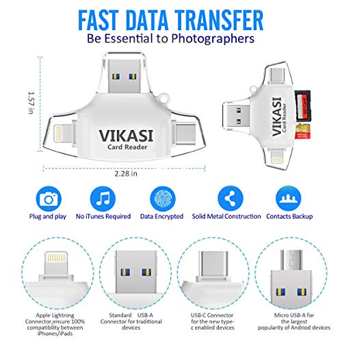 VIKASI SD Card Reader,Memory Micro SD Card Reader USB Type C Adapter Viewer Compatible with iPhone iPad Android Mac - with Lightning Micro USB Type C 4 in 1 (White) - Thumbnail 5