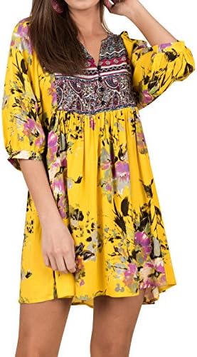 Faisean Womens Chiffon Floral Printed Bohemian 3/4 Bell Sleeve Vintage Mexican Casual Swing Tunic Midi Dress