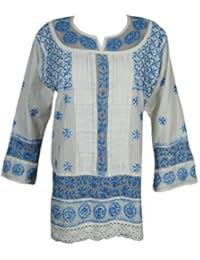 Mogul Womens Handmade Tunic Dress Cotton White Blue Chikankari Embroidered Shirt Blouse