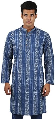 Antique Cotton Blue Kurta Floral Hand Block Printed XXX-Large By Rajrang