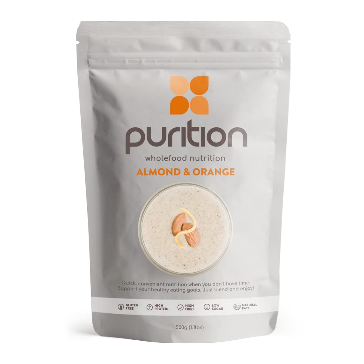 Purition Almond & Orange – High Protein Wholefood Shake | 500g Natural Meal Replacement with Whey Protein for Keto Diet, Weight Loss & Healthy Breakfasts | 12 Servings