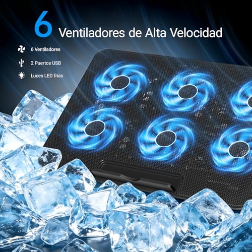 JDF3CISH Ventilador para Laptop y Base Enfriadora con 6 Ventiladores Silenciosos, Soporte Ajustable para Laptop Gamer 12-17.3", Cooling Pad con 5 Alturas, Soporte para Celular y Dual USB