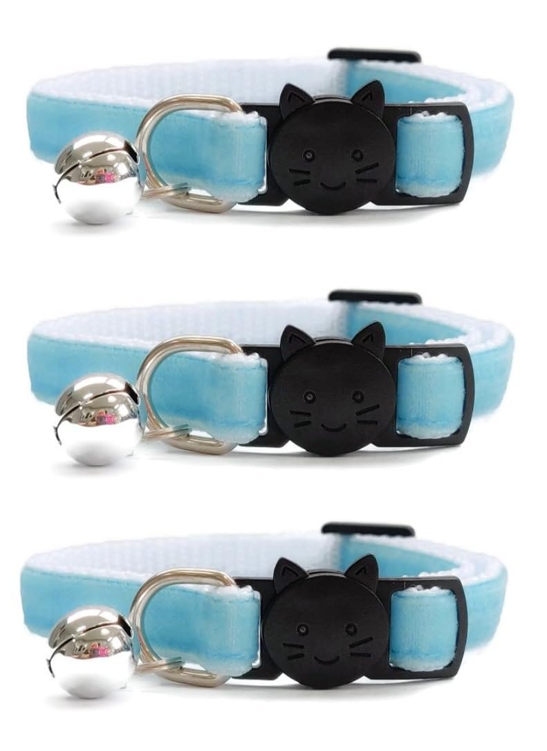 Velvet Cat Collars with Bell. Safe Breakaway Quick Release Buckle. Available in Cat & Kitten Size (Pack of 3) (Kitten Collar (15cm - 23cm), Baby Blue Velvet (Pack of 3)) โ image 1