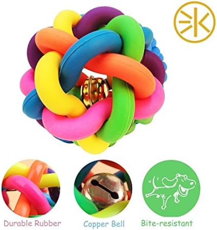 3Keys Dog Chew Knot Colorful Ball Woven Braided Rainbow Bouncy Rubber Toy with Jingle Bell Inside for Pet Training and Teeth Cleaning Toy Suitable for Dogs Cats (M)