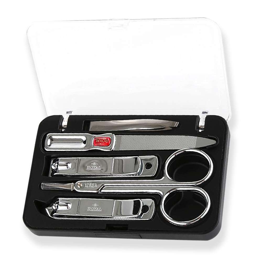 Photo 1 of [Made in Korea] ROYAL 5 Pcs Compact Nail Clippers Set-Nail Clipper, Cuticle Remover, Nail File, Mini tweezer, Safety Scissors with Portable case Black