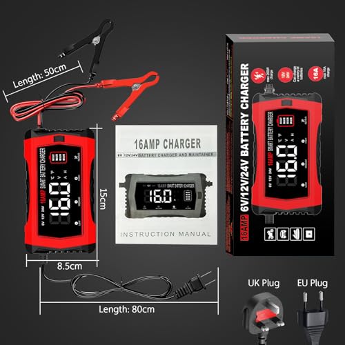 HTRC Car Battery Charger 16A 6V/12V/24V, Car Battery Charger with LCD Display Compatible with Boats, SUVs, Motorcycles and Lithium, LiFePO4, Lead-Acid Batteries (AGM, Gel, MF, EFB, SLA, Wet)