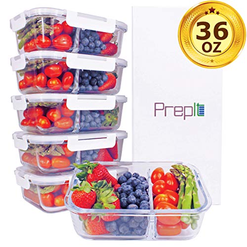 [36oz, 5-Pack Premium] Glass Meal Prep Containers 2 Compartment Set- Food Lunch Storage- Airtight Locking Lids - Portion Control -Microwave, Freezer, Oven & Dishwasher Safe (4.5 Cups)