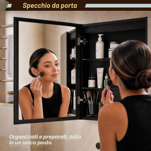 GANPE LED Illuminated Bathroom Mirror with Single Door, Deflog, Continuous Dimming, 3 Colour Memory, Storage Shelves, Sockets and USB (50 x 70 cm)