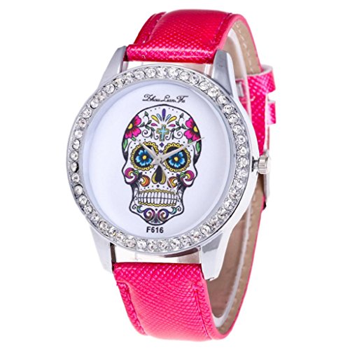 Diamond Dial Quartz Watch, Hosamtel Leather Analog Skull Head Round Case Unisex Watch (Hot Pink)