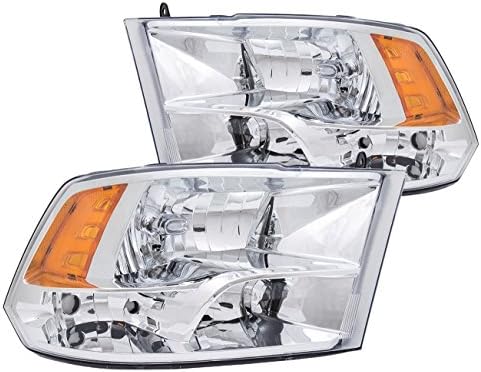 RXMOTOR HL-DG2-349-AMCH Dodge Ram 1500/2500/3500 Pickup Truck Headlight Oe Style Assembly Replacement Driver Passenger Front Head Lights Pair, Amber Chrome