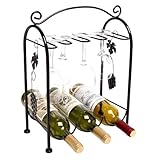 Grape Arbor Style Tabletop 3 Wine Bottles / 5 Wine Glasses Metal Wine Organizer Storage Rack w/ Top Handle - Black