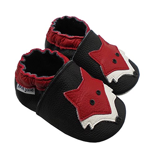 Mejale Baby Shoes Soft Sole Leather Crawling Moccasins Cartoon Fox Infant Toddler First Walker Slippers(12-18 Months, black)