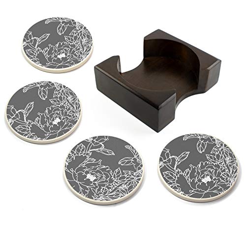 Coaster Set of 4 with Holder | Stone Drink Coasters Set, Peony. Absorbent with Beautiful Blonde Holder | Made of Ceramic with Cork Back, Absorbs Spills - Thumbnail 2