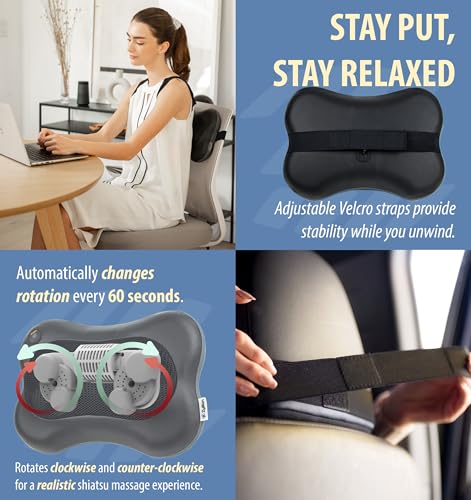 Zyllion Shiatsu Back and Neck Massager with Heat - 3D Electric Kneading Deep Tissue Massage Pillow for Chair, Car, Shoulders, Leg, Foot, Black, ZMA-13