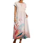 domirica Boho Maxi Dress Floral Cap Sleeve High Waist Smocked Flowy Casual Church Summer Long Womens Tshirt Dress