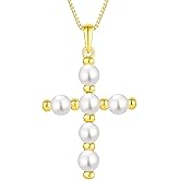 YL Cross Necklace 925 Sterling Silver Halo Freshwater Pearls Pendant Polished Religious Jewelry for Women